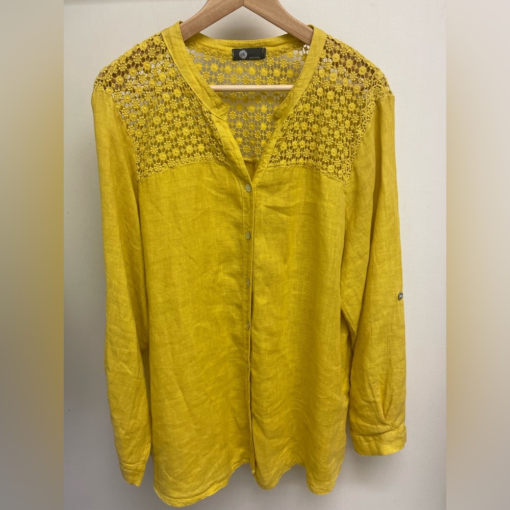 Made in Italy 100% Linen Lace Panel Boho Blouse Roll Tab Sleeve Oversized Top L